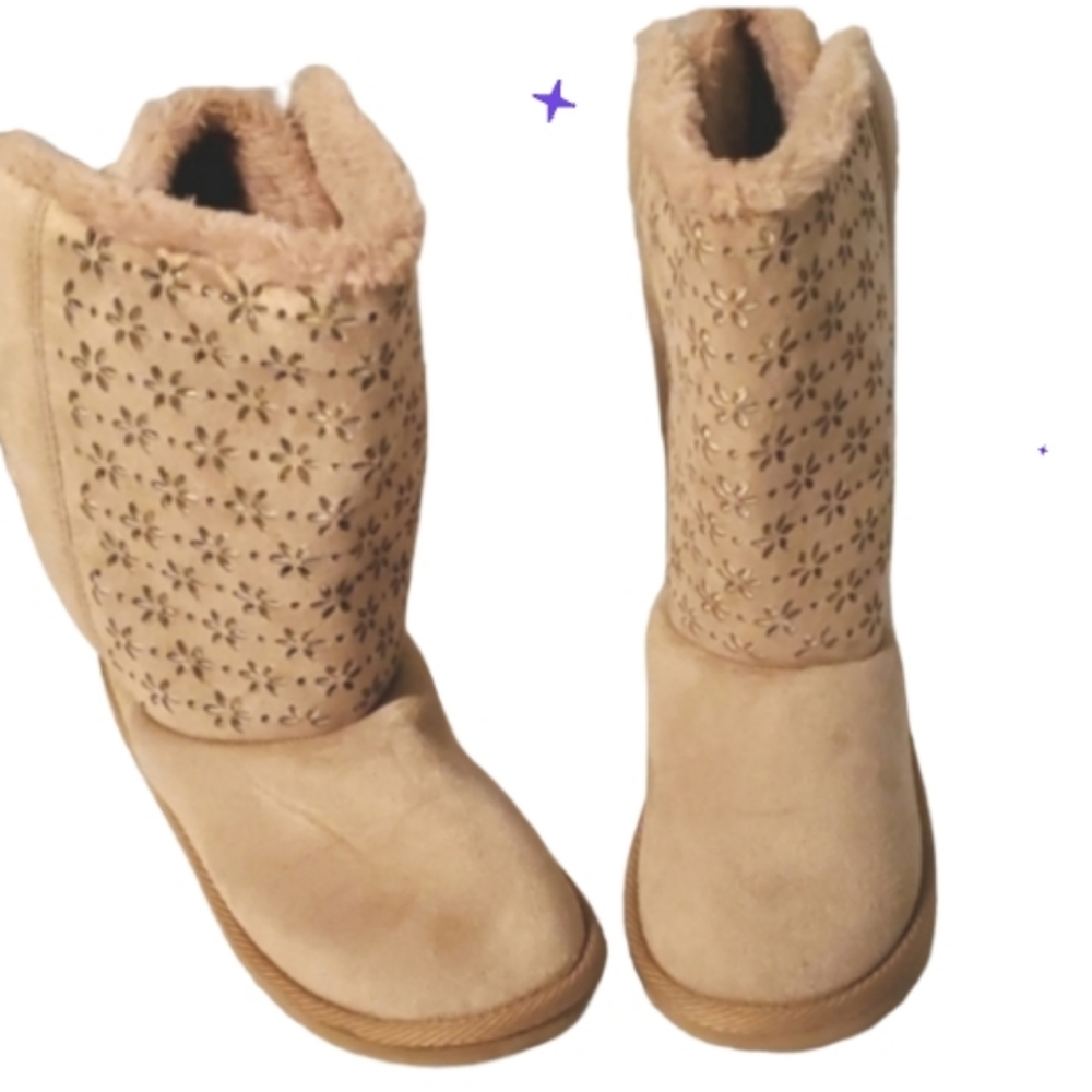 New crazy 8,girls tan Lazer cut daisy motif faux fur trim calf boot 4
